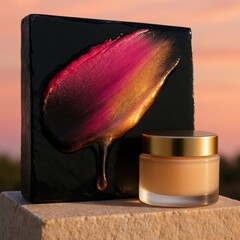 Luxury makeup brush with golden cosmetics jar and artistic brushstroke on black canvas, beauty concept.
