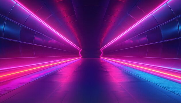 Empty futuristic neon tunnel corridor with glossy reflective floor and glowing pink and blue LED lines, symmetrical vanishing perspective and immersive mysterious energy - Powered by Adobe