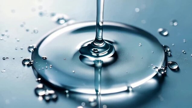 A stream of clear, viscous liquid pooling on a smooth, reflective surface.