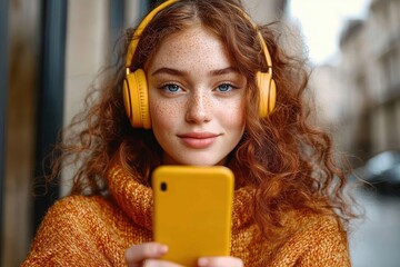 young person with curly red hair in orange sweater wearing yellow headphones and holding yellow smartphone on a city street, cozy and focused