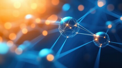 glowing interconnected spheres and filaments in a blue and orange abstract network with bokeh lights, conveying futuristic connectivity and wonder