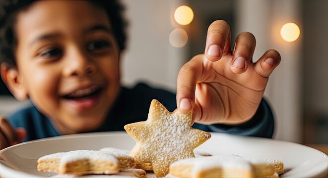 Boy grabs star cookie, cookie brings holiday joy, sweet cookie delight