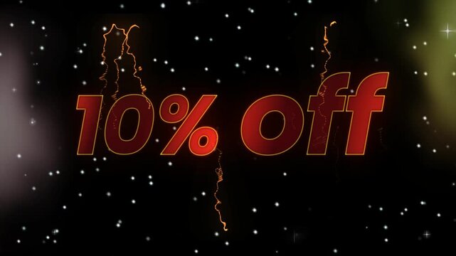 Glowing ten percent off sale promotion with sparkling particles on a dark background design