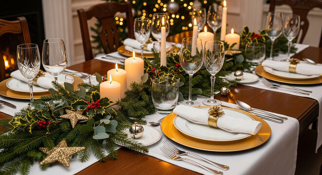 Festive christmas dinner table setting with candles ornaments and elegant tableware creating a warm and inviting holiday atmosphere for celebration