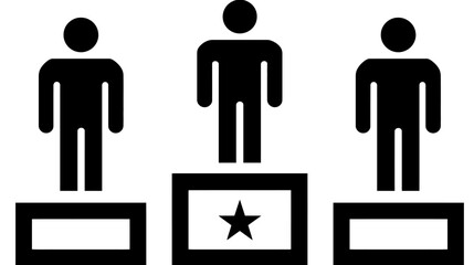 Three male silhouette icons on a black and white winner's podium with a star for first place, symbolizing achievement and competition.