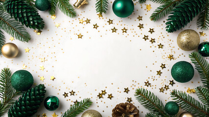 Christmas frame with green ornament, pine cone, and gold star confetti