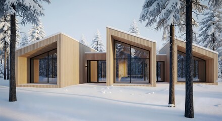 Modern Wooden Cabins in Snowy Winter Forest Landscape
