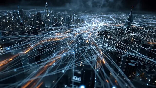 Aerial view of a futuristic cityscape at night, showcasing vibrant data streams and illuminated buildings - Powered by Adobe