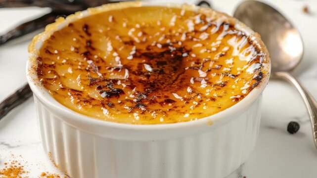 Golden caramelized dessert in white ramekin on marble table