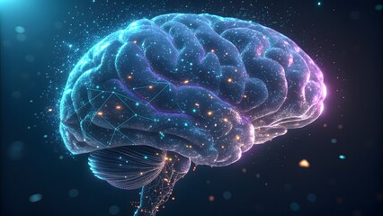 Futuristic brain with glowing particles, symbolizing artificial intelligence, neural network, machine learning, and the advancement of technology and science