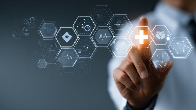 A hand interacts with digital health icons, showcasing technology's role in healthcare innovation and connectivity.