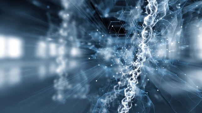 A futuristic digital abstract image depicting a luminous DNA-like structure surrounded by swirling particles and light effects.