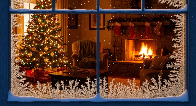 Cozy christmas scene through a frosty window with a decorated tree and fireplace creating a warm and inviting holiday atmosphere at home