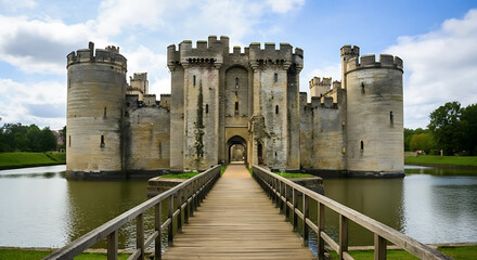 A view of bodiam castle with a wooden bridge leading to the entrance surrounded by a water moat