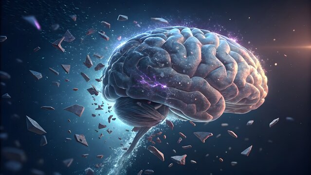 A digital brain breaking apart, symbolizing mental health, neurological disorders, cognitive decline, and the fragility of the human mind and intellect