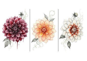 Three watercolor dahlia flowers isolated on white background