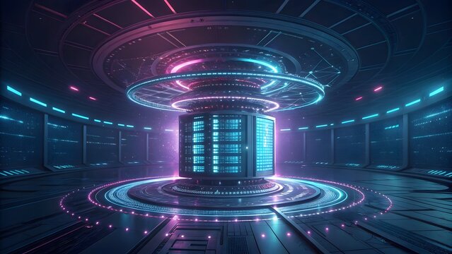 Futuristic data center with neon lights, showcasing advanced technology and data storage capabilities in a cuttingedge environment for innovation