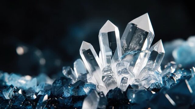 Clear quartz crystal cluster with sharp, reflective edges on dark background