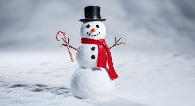 A traditional snowman wearing a top hat and red scarf, standing in a snowy outdoor setting with a cheerful expression. - Powered by Adobe