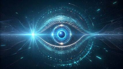 Futuristic eye with glowing blue light, symbolizing advanced technology, artificial intelligence, and the interconnectedness of the digital world