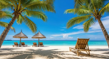 Fototapeta premium Idyllic tropical beach scene with two thatched umbrellas and wooden lounge chairs set on white sand under clear blue sky, framed by tall palm trees overlooking turquoise ocean water