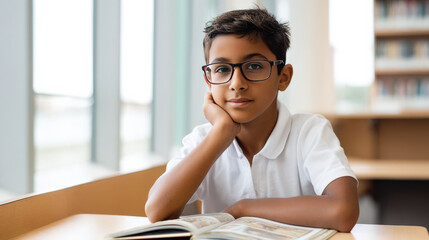 Indian boy wearing glasses is sitting at a library table, thoughtfully reading a book with shelves of books in the background, showcasing a studious atmosphere and focus on learning