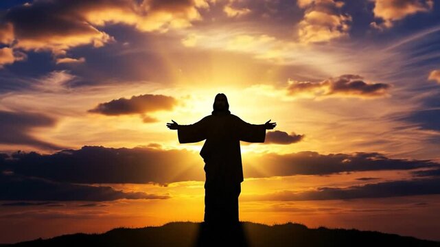 Dramatic silhouette of Jesus on hill crest, golden sunset, hope and faith video
