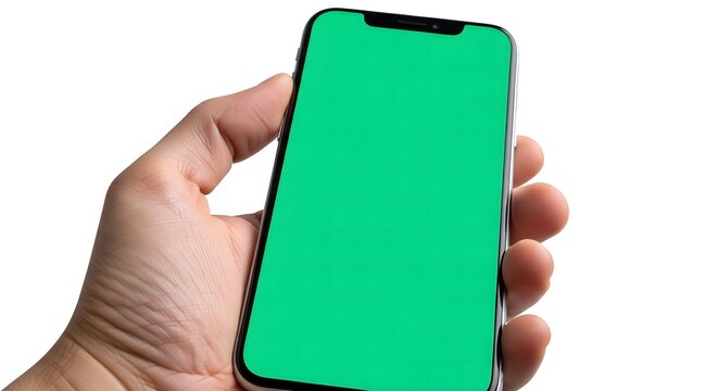 Human hand holding modern smartphone with chroma key green screen