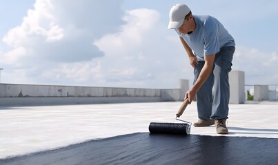a man applying roof sealing with a paint roller on a flat rooftop