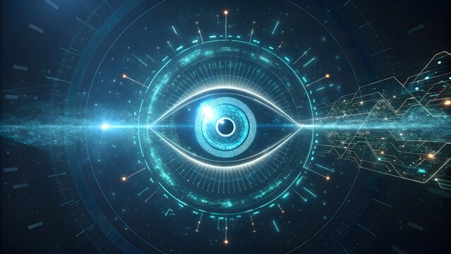 Futuristic eye with glowing blue light, symbolizing advanced technology, artificial intelligence, and the interconnectedness of the digital world