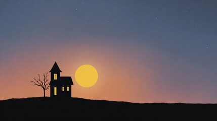Silhouette of haunted house on hill against gradient sunset spooky landscape digital artwork atmospheric view