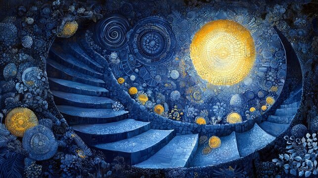 A surreal, dreamlike scene featuring a winding blue stone staircase leading upwards through a dark, mysterious garden filled with glowing yellow orbs and intric