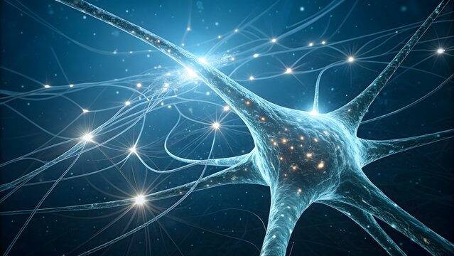 A detailed 3d rendering showcases a neuron, a fundamental unit of the nervous system, with its intricate network of dendrites and axons highlighted