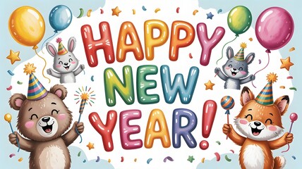 Fototapeta premium Happy new year celebration with cute animals, balloons and confetti isolated on white background