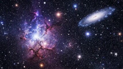 Vibrant cosmic nebula and distant spiral galaxy illuminated in deep space - Powered by Adobe