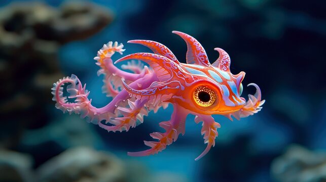 A vibrant, fantastical creature resembling a jellyfish with orange, pink, and blue bioluminescent patterns, floating in a dark blue ocean with soft coral in the - Powered by Adobe