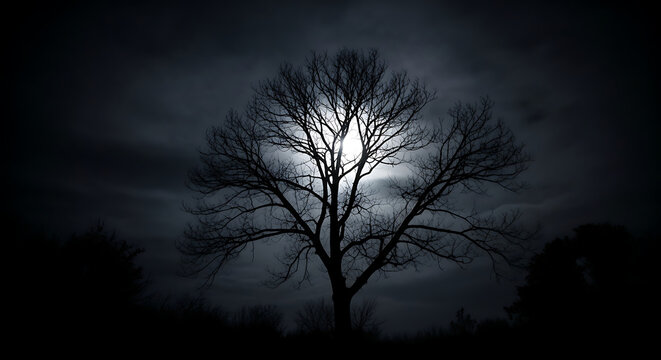 Silhouette of a bare tree against a bright moon in a dark and cloudy night landscape scenery view