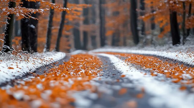 A winding forest road is partially covered with fresh snow and scattered with vibrant orange autumn leaves. Tall trees with bare branches and some remaining ora