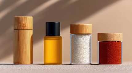Four small glass containers with bamboo lids, holding spices and oil, are neatly arranged on a textured surface. Soft, diffused light casts gentle shadows.