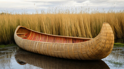 Wooden canoe boat on calm water, traditional woven reed grass vessel, peaceful scenic lake river landscape, empty outdoor adventure craft