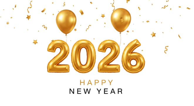 Golden 2026 balloons and confetti celebrate the new year