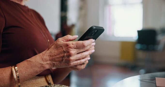 Woman, hands and typing in small business with phone for online booking calendar, reminder or schedule. Person, browse or search with tech in workplace for client appointment admin, info or planning.