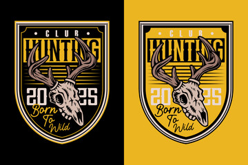 Vector Illustration of The Hunter Wildlife with Head Deer Skull Badge Logo. Great Outdoors and Adventure Gear with Vintage Illustration Suitable for Tshirt and Logo Design
