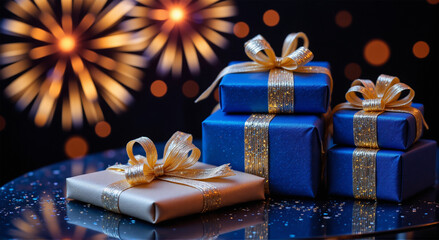 Festive Celebration with Stack of Wrapped Gift Boxes and Bokeh Lights
