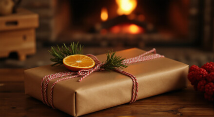 Festive gift box wrapped in brown paper tied with red and white twine, decorated with a slice of orange and rosemary sprig, in front of a warm, glowing fireplace