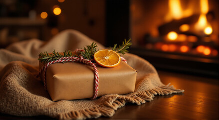 Cozy holiday gift box wrapped in brown paper with twine and a slice of orange, placed on a blanket by a warm, glowing fireplace