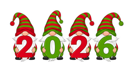Fototapeta premium Four festive gnomes displaying the year 2026