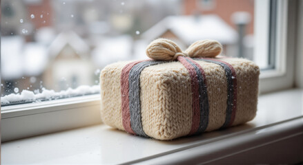 Cozy Knitted Gift on Windowsill with Snowy Backdrop