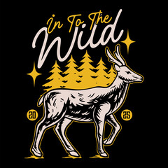 Vector Illustration of Wildlife with Deer and Pine. Great Outdoors and Adventure Gear with Vintage Illustration Suitable for Tshirt and Logo Design