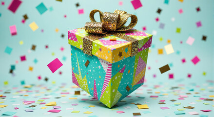Festive gift box adorned with a sparkling gold bow, surrounded by a colorful confetti explosion, celebrating a special occasion